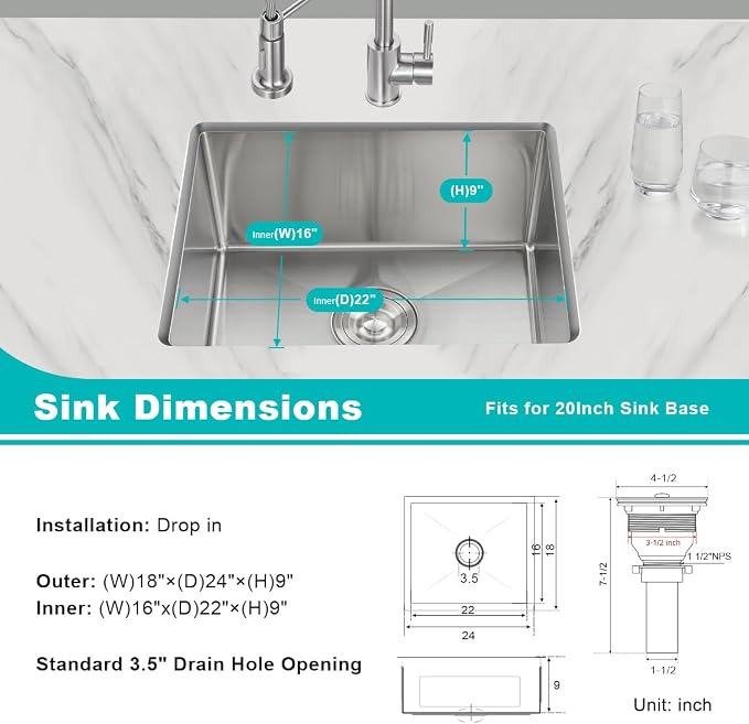 24 inch Undermount Kitchen Sink, 24 x 18 inch Single Bowl Stainless Steel - Image 3