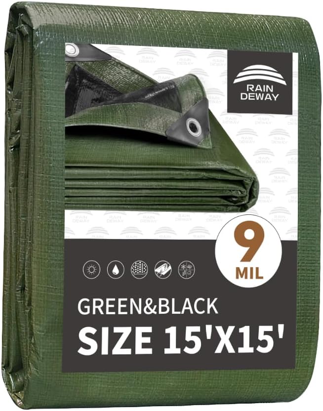 15x15 Feet Tarp Waterproof, 9Mil Thick, Finished Size Tarps, UV Resistant by RAINDEWAY