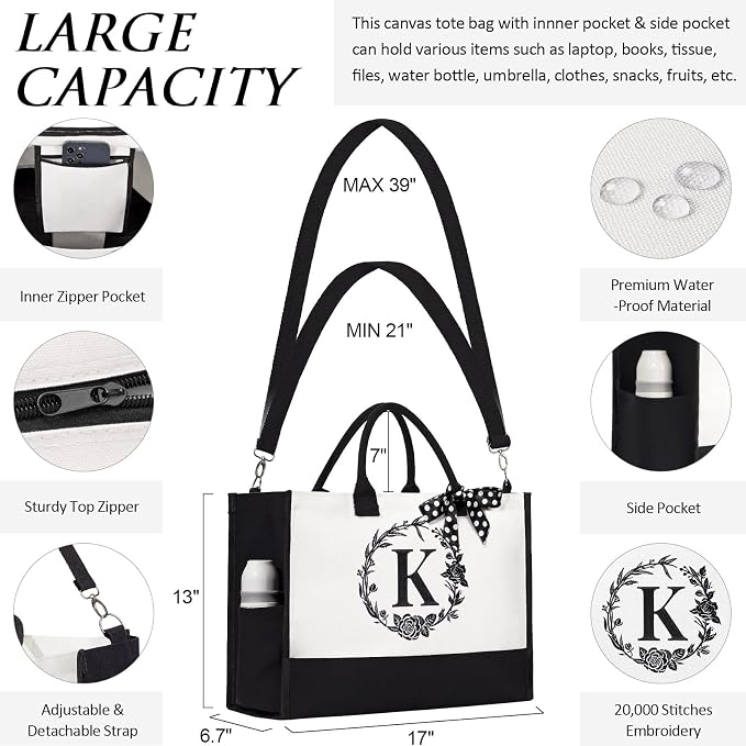 Personalized Mothers Day Gifts for Mom Women, Initial Canvas Tote Bag & Makeup - Image 6
