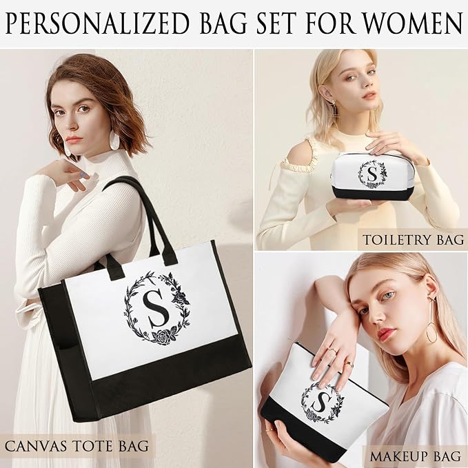 Personalized Mothers Day Gifts for Women, Initial Canvas Tote Bag & Makeup Bag - Image 3