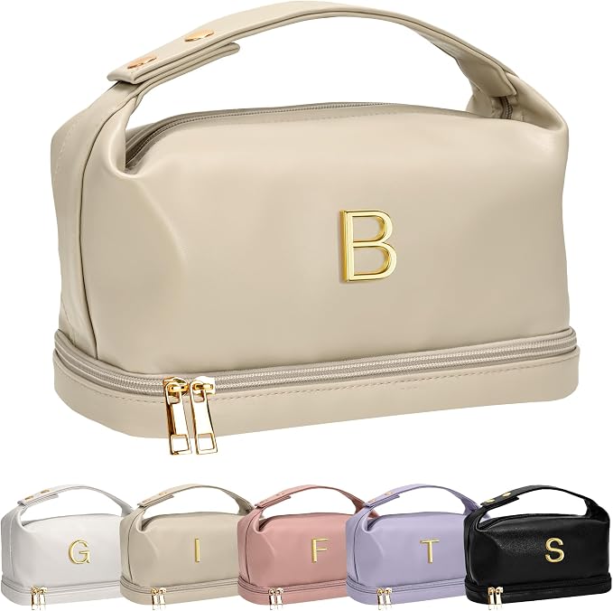Personalized Makeup Bag with Handle, Initial Double Layer Cosmetic Bag with by Vogewood