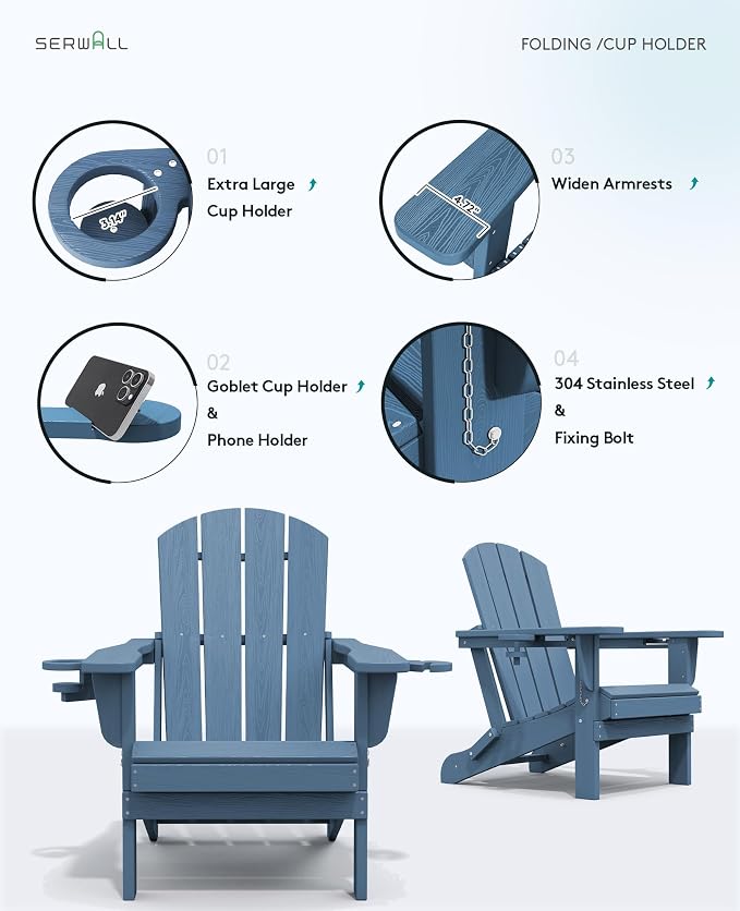 SERWALL Folding Adirondack Chair, HDPE Adirondack Chairs Set of 4, Plastic - Image 7