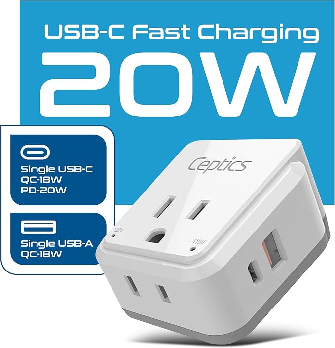 Ceptics Israel, Jordan Power Plug Adapter Travel, 20W PD & QC, Safe Dual USB & - Image 2