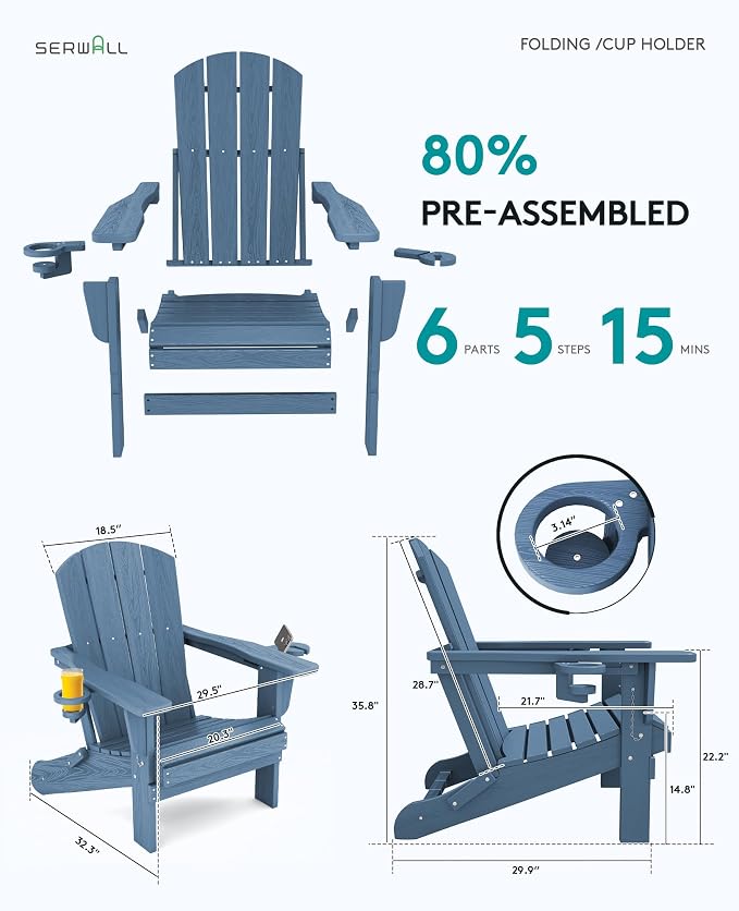 SERWALL Folding Adirondack Chair, HDPE Adirondack Chairs Set of 6, Plastic - Image 3