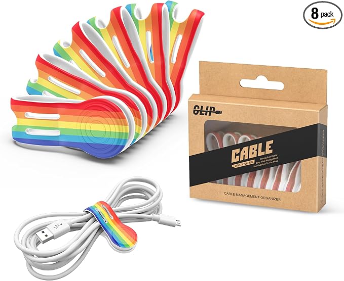 Kanemc 8 Pack Magnet Clips Cord Organizer, Rainbow Colored Reusable Cable Ties by Kanemc