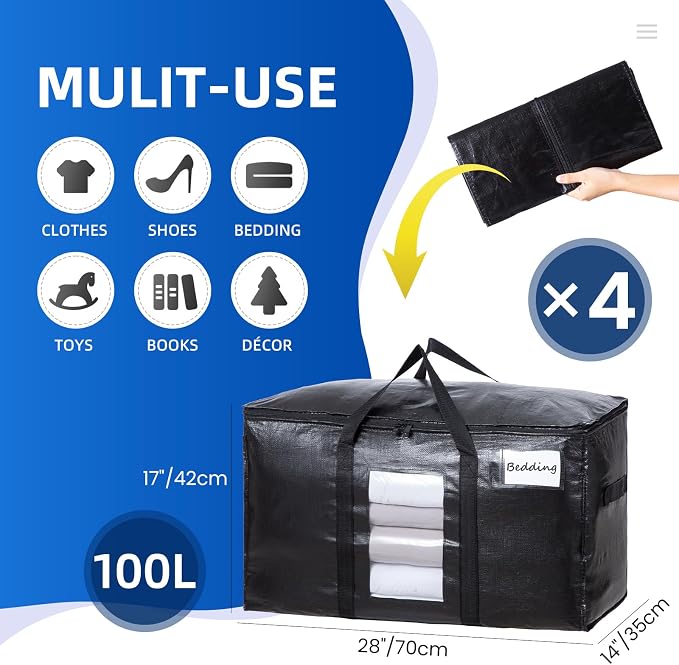 TAILI Extra Large Moving Bags, 4 Pack Black Heavy Duty Totes - Image 2