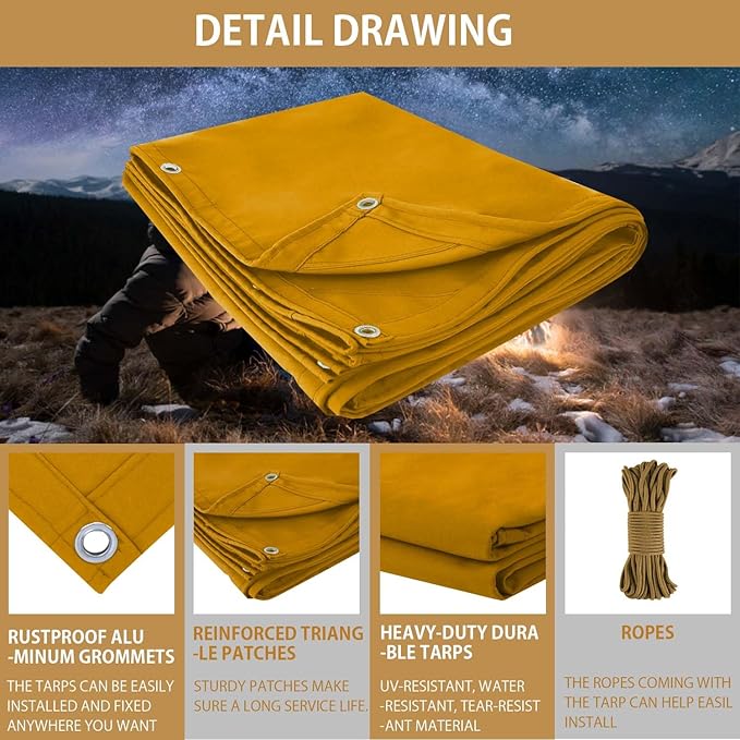 FoundGo 10x20ft Canvas Tarp 22 Mil Tarps 14 oz Canvas Tarpaulin Heavy Duty - Image 6