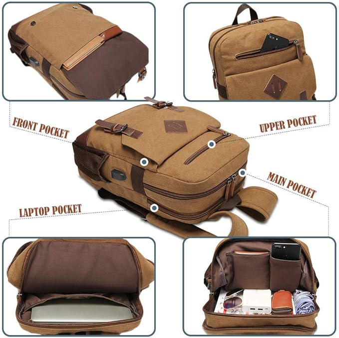 Canvas Backpack for Men Women, Vintage Rucksack Fits Most 15.6 Inch Laptop - Image 4