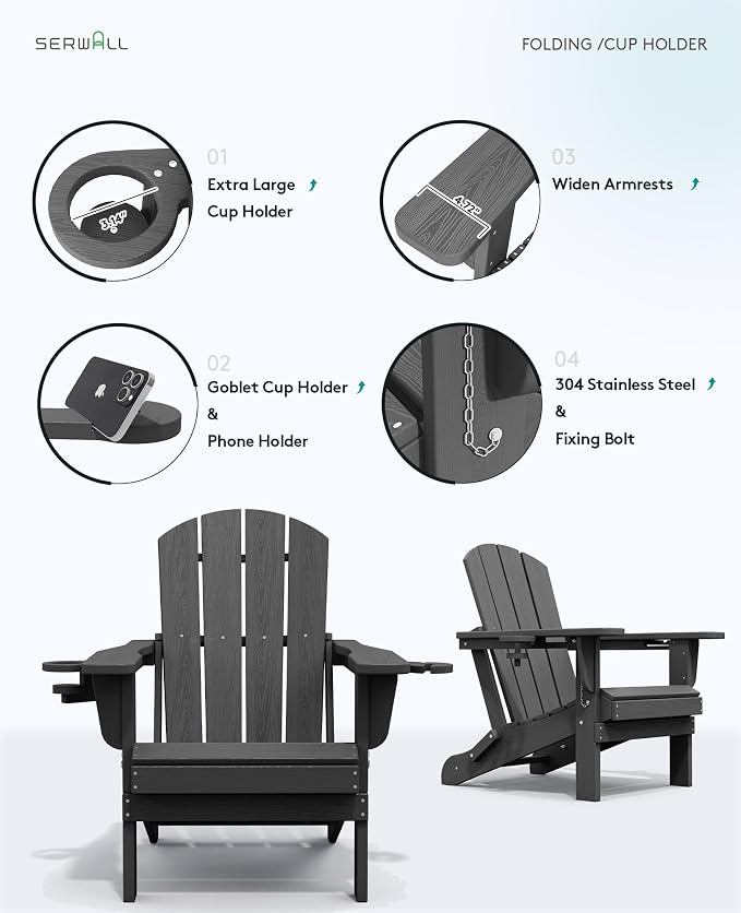 SERWALL Foldable Adirondack Chair Set of 6, HDPE Adirondack Chair - Image 8