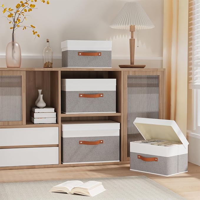 Fabric Storage Boxes with Lids, Linen Foldable Cloth Baskets, 17.7 x 11.8 x - Image 2