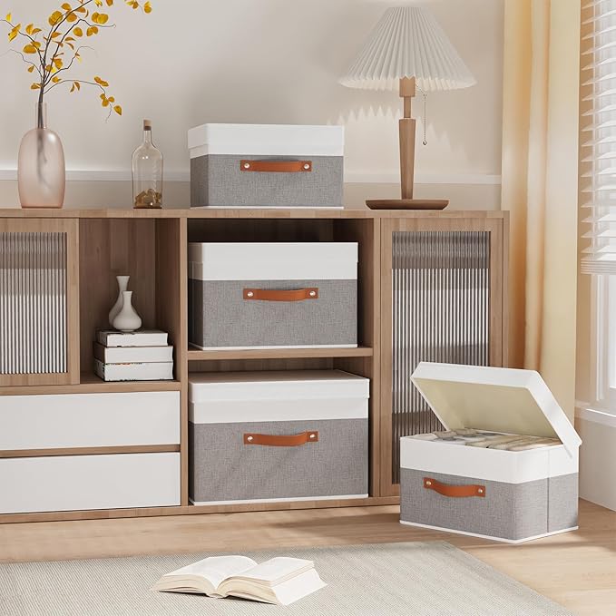 Fabric Storage Bins with Lids, 5 Pack Linen Foldable Cloth Baskets, 15 x 9.8 x - Image 2