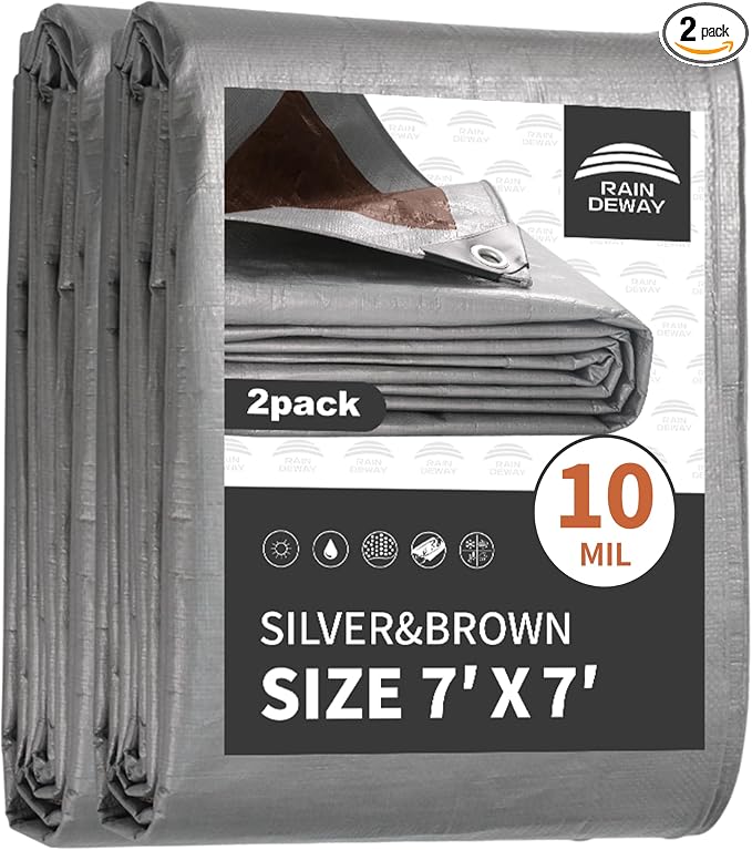 RAINDEWAY Tarps Heavy Duty Waterproof 7x7 Feet, 10Mil Multipurpose Poly Tarp by RAINDEWAY