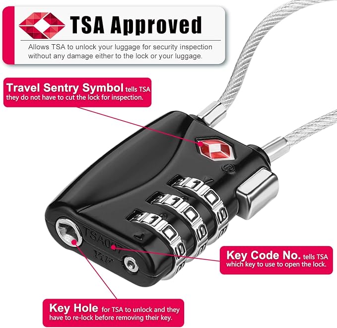 ZHEGE Luggage Locks TSA Approved 4 Pack Cable Padlocks - Image 2