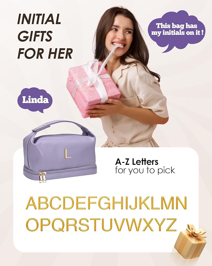 Makeup Bags for Teens Girls, Initial Double Layer Cosmetic Bag - Image 2