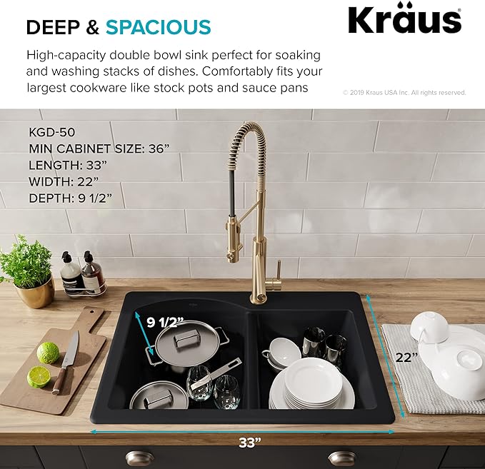 KRAUS Forteza 33-inch Drop In/Undermount 60/40 Double Bowl Granite Kitchen Sink - Image 3