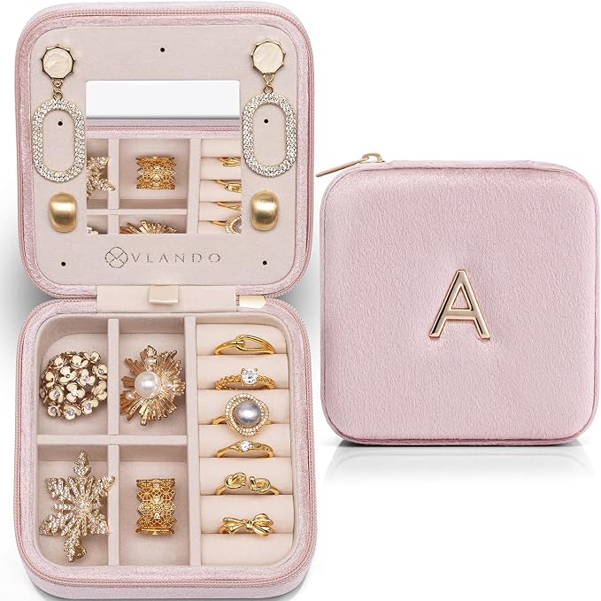 Vlando Mothers Day Gifts for Mom Travel Jewelry Case for Girl Women, A Initial by VLANDO