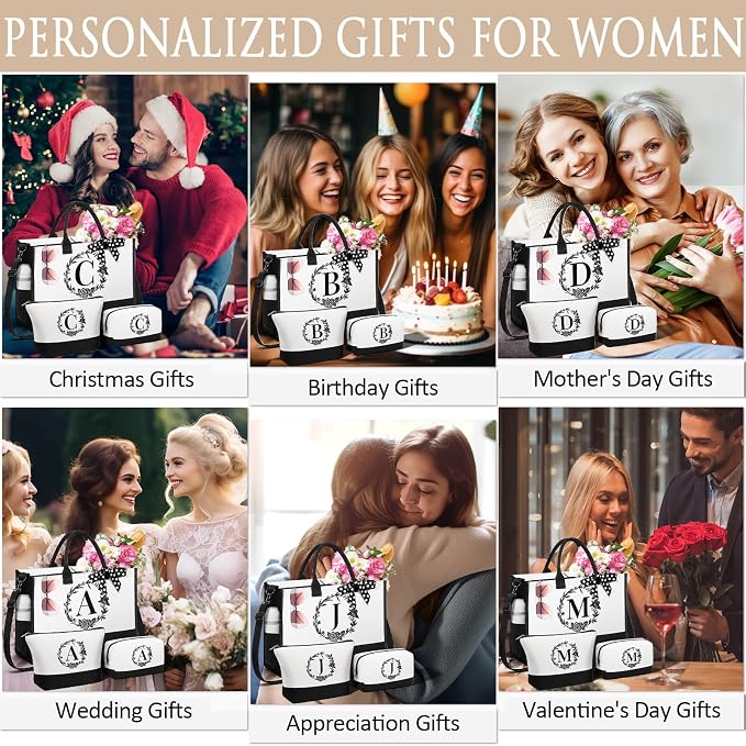 Personalized Mothers Day Gifts for Women, Initial Canvas Tote Bag & Makeup Bag - Image 5