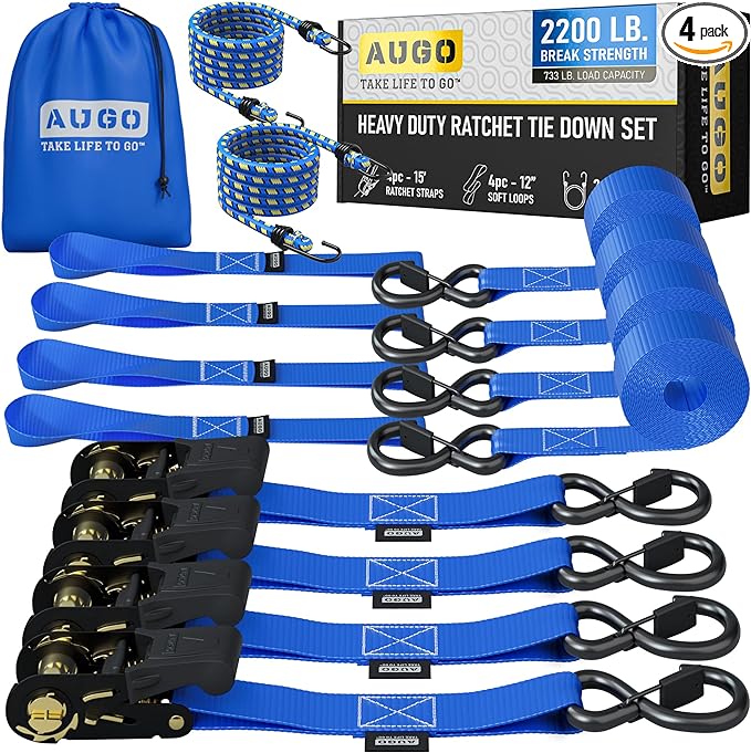 AUGO Ratchet Straps Heavy Duty 4 Pack -15 FT - 2200 LB Break Strength – - Cargo by AUGO
