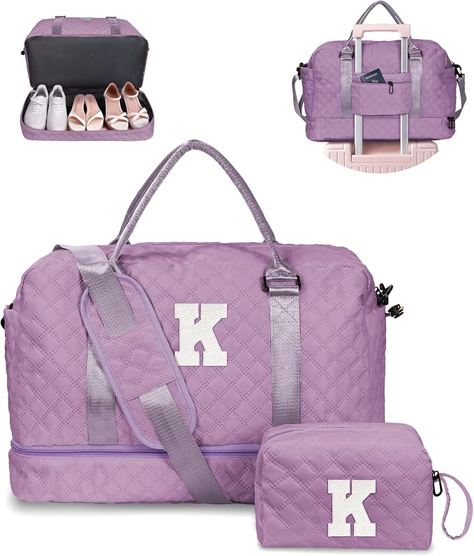 Girl Duffle Bag with Shoe Compartment, Tween Weekend Duffle Bag, Monogram by Vogewood