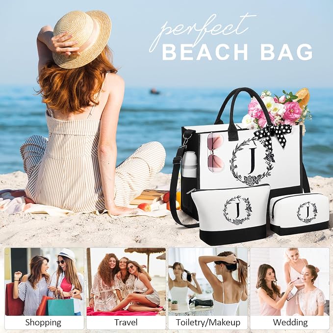 Personalized Mothers Day Gifts for Mom Women, Initial Canvas Tote Bag & Makeup - Image 4