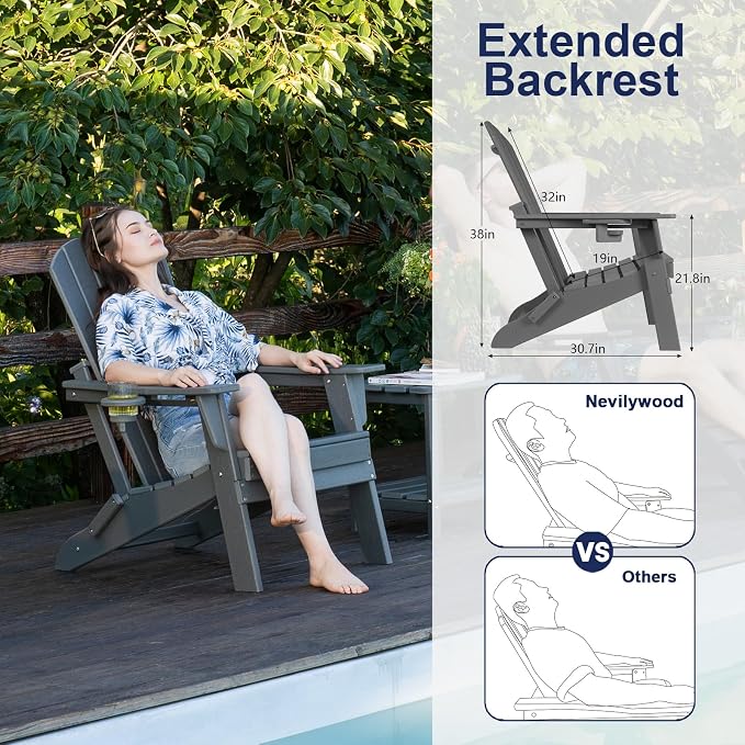 Folding Adirondack Chair with Cup Holder Set of 4, HDPE Patio Chairs, - Image 4