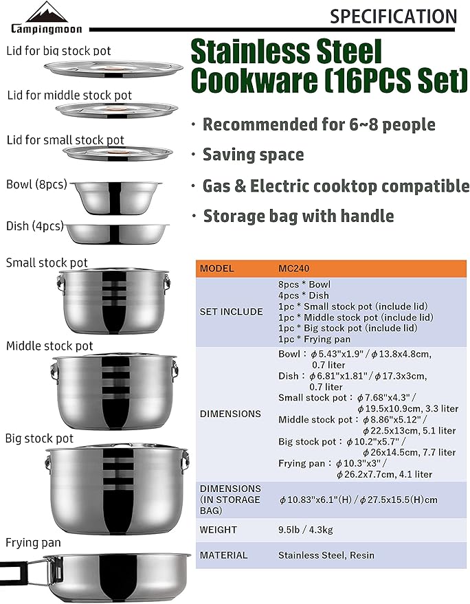 CAMPINGMOON Camping Cookware Set Stainless Steel Outdoor Nesting Cooking Mess - Image 2