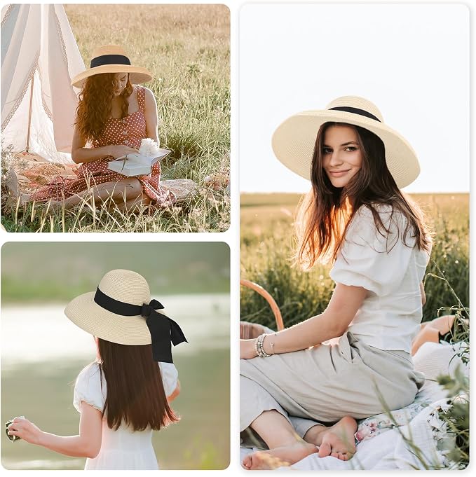 Surblue Straw Summer Hat Women's Floppy Sun Hat Wide Brim Beach Bow Hat - Image 5