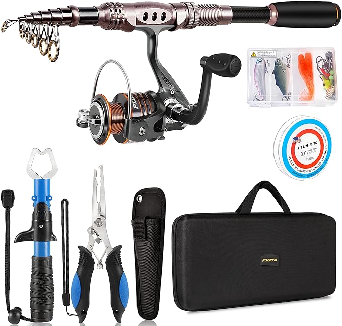 PLUSINNO Fishing Rod and Reel Combos Carbon Fiber Telescopic Fishing Pole by PLUSINNO