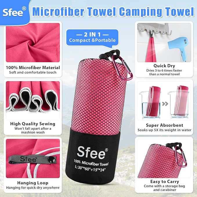 Sfee 2 Pack Microfiber Travel Towel, Quick Dry Towel Camping Beach Towel Super - Image 2
