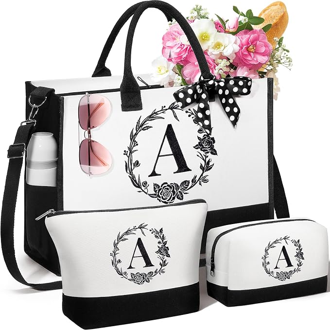 Personalized Mothers Day Gifts for Women, Initial Canvas Tote Bag & Makeup Bag by Unknown
