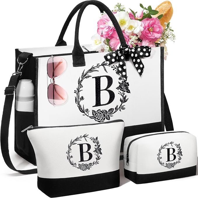 Personalized Mothers Day Gifts for Mom Women, Initial Canvas Tote Bag & Makeup by Unknown