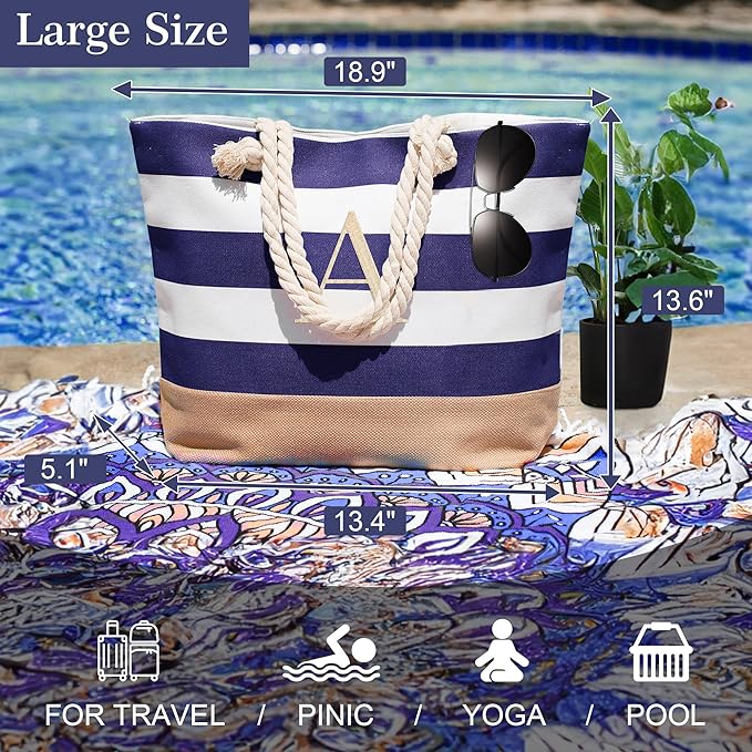 YOOLIFE Initial Canvas Waterproof Beach Tote Bag Zipper Personalized Gifts - Image 4