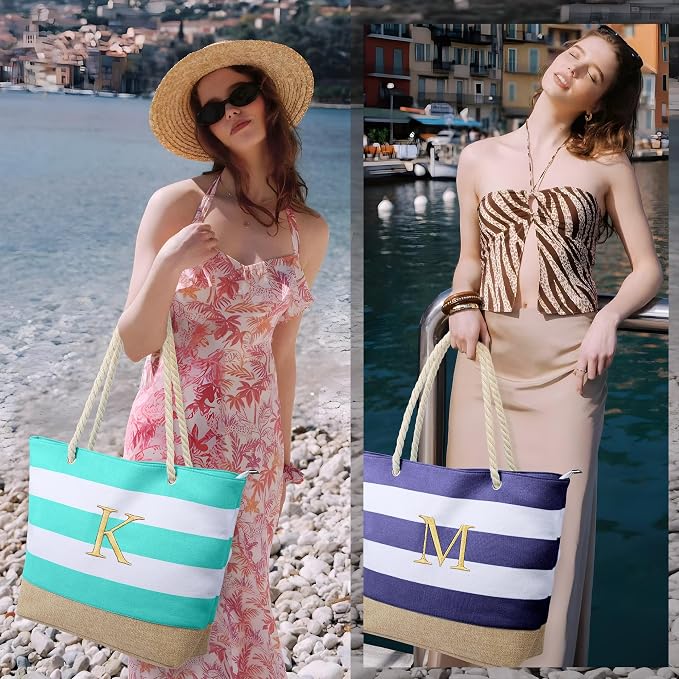 YOOLIFE Initial Canvas Waterproof Beach Tote Bag Zipper Personalized Gifts - Image 5