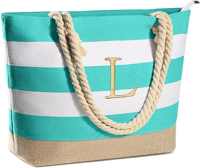YOOLIFE Initial Canvas Waterproof Beach Tote Bag Zipper Personalized Gifts by YOOLIFE